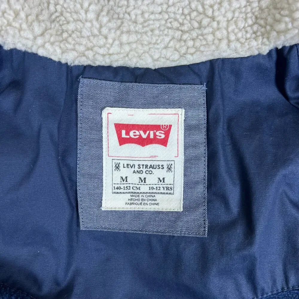 Levis Puffer Vest Youth M Sherpa Collar Logo Back Fits Womens XS Navy Red Warm